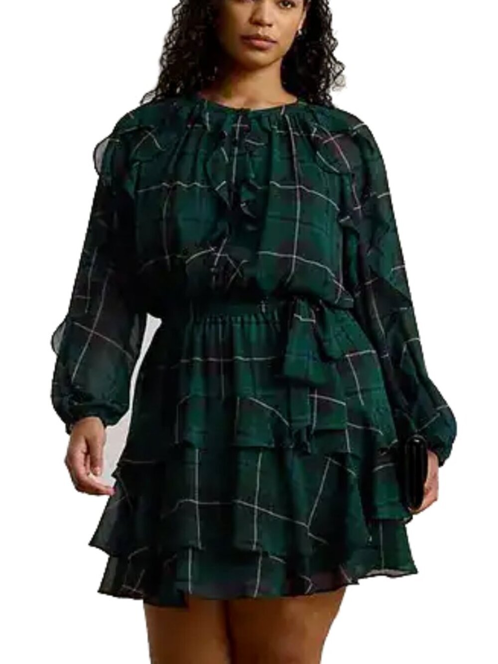 NWT Lauren Ralph Lauren Plus Plaid Ruffle-Trim Georgette Tiered Dress 18